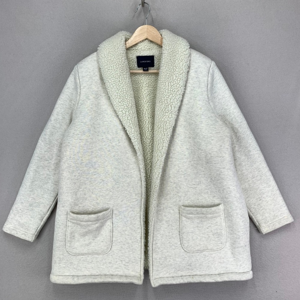 Lands' End Cardigan Jacket Womens M Gray Cream Sherpa Lined Open Front Lounge